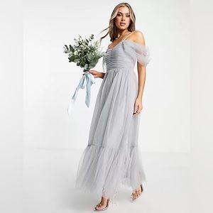 ASOS Size 10 Lace & Beads Bridesmaid Alicia cross back tulle dress in blue